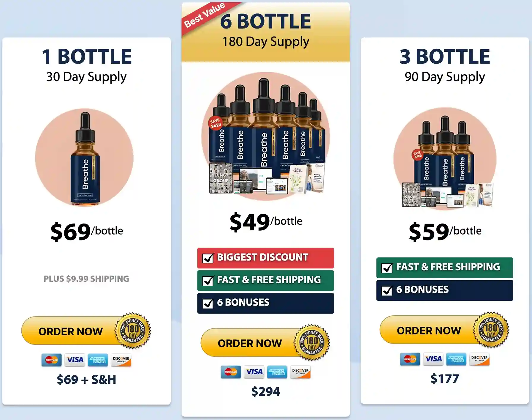 Breathe Pricing — 6-Bottle Best Value — Free US Shipping — 180-Day Guarantee